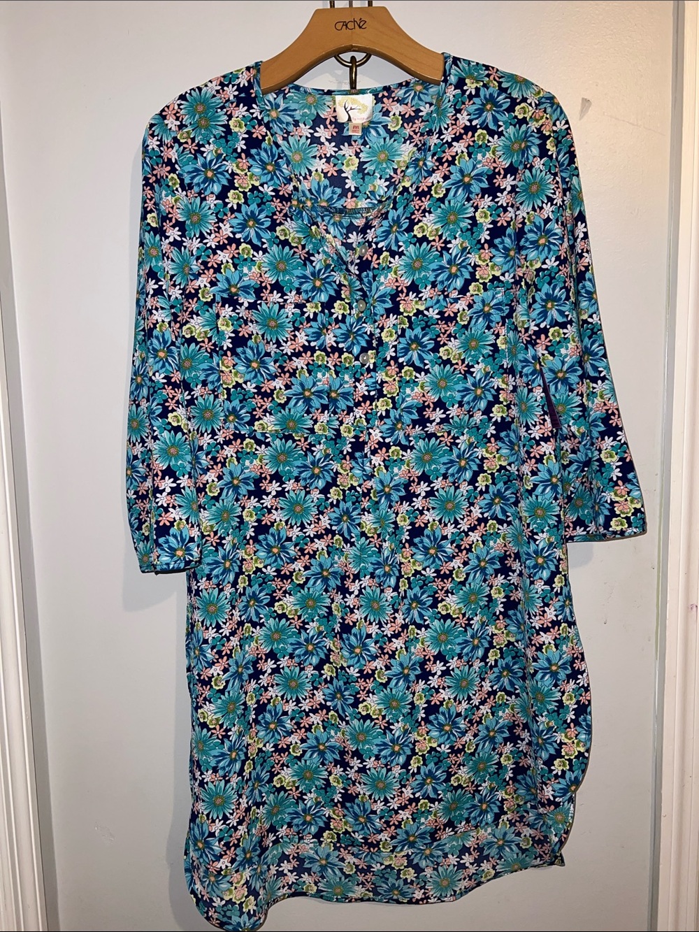 fig and flower Navy and Teal Floral Long Sleeve tunic coverup medium new